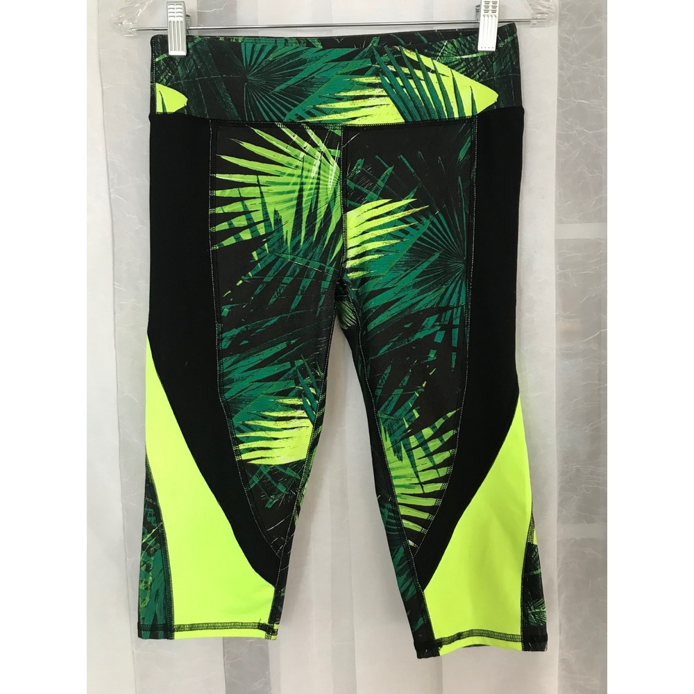 Fabletics Womens Tropical Palm Print Capri Leggings Neon Yellow‎ Black S
